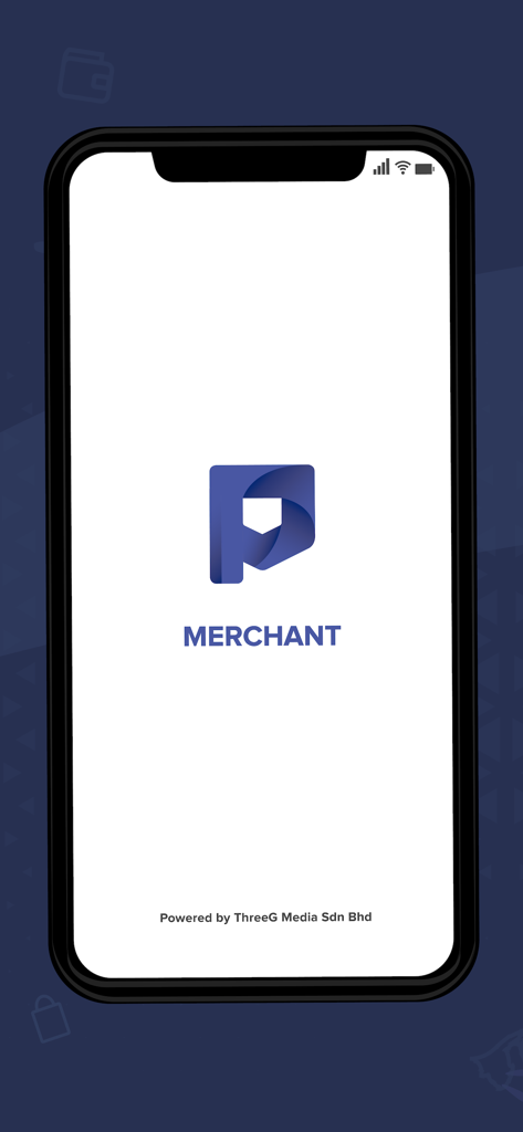 Écran de démarrage de l'application Pocket Merchant montrant le logo et le titre du commerçant sur un écran d'iPhone