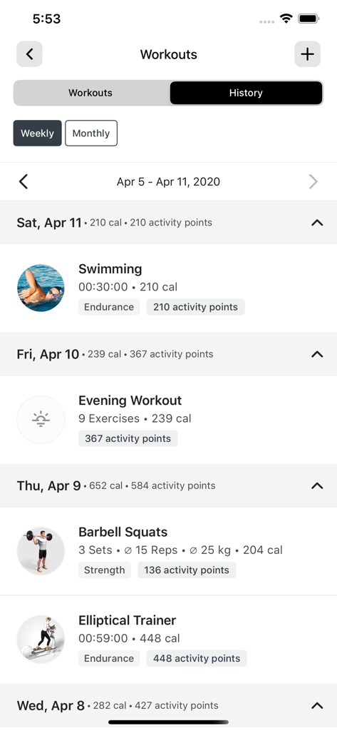 Places Fitness - Weekly workout history log in the Places Fitness app showing swimming barbell squats and elliptical training sessions