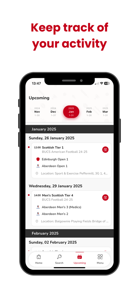 BUCS Play app interface showing upcoming university sports match schedules and locations