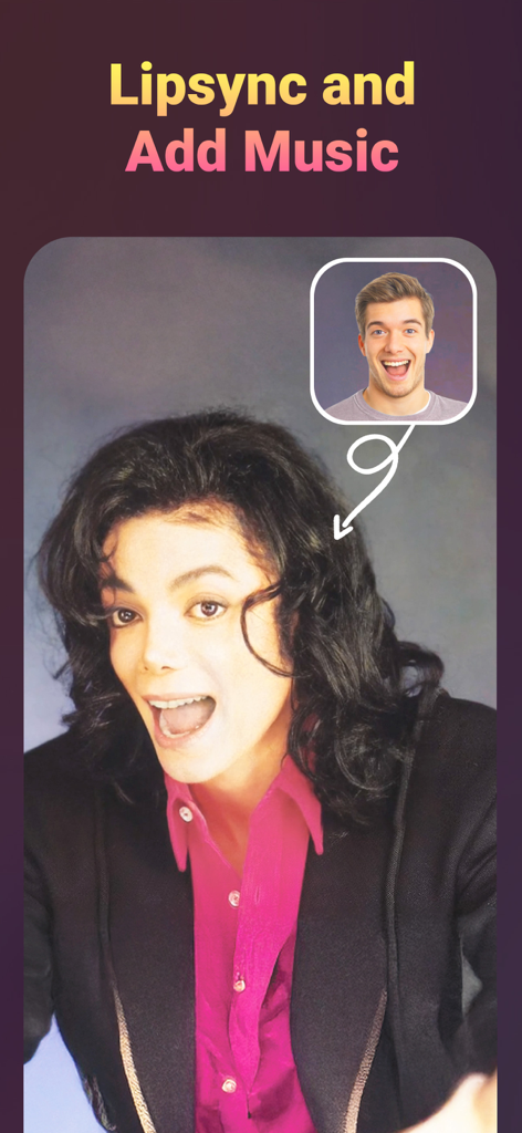 Face Dance,AI Face Swap :Lipix - A mobile app screenshot demonstrating the lipsync and add music feature to animate a photo using AI