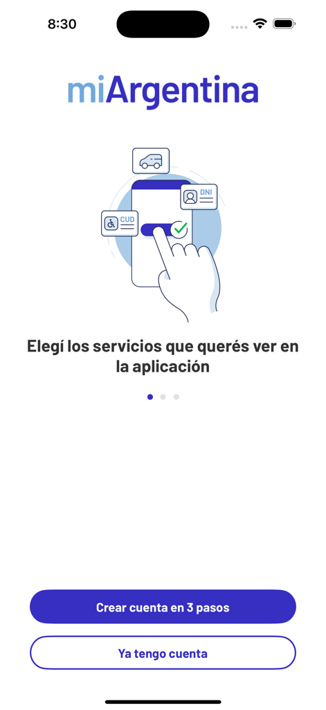 Mi Argentina - Écran de bienvenue de l'application Mi Argentina présentant les services d'identité numérique et les boutons de création de compte