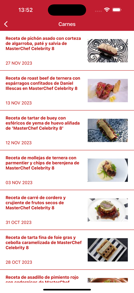 Bildschirm mit einer Liste von Fleischrezepten von MasterChef Celebrity 8