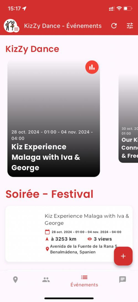 KizZy - Interface of the KizZy app showing a list of upcoming Kizomba dance events and festivals
