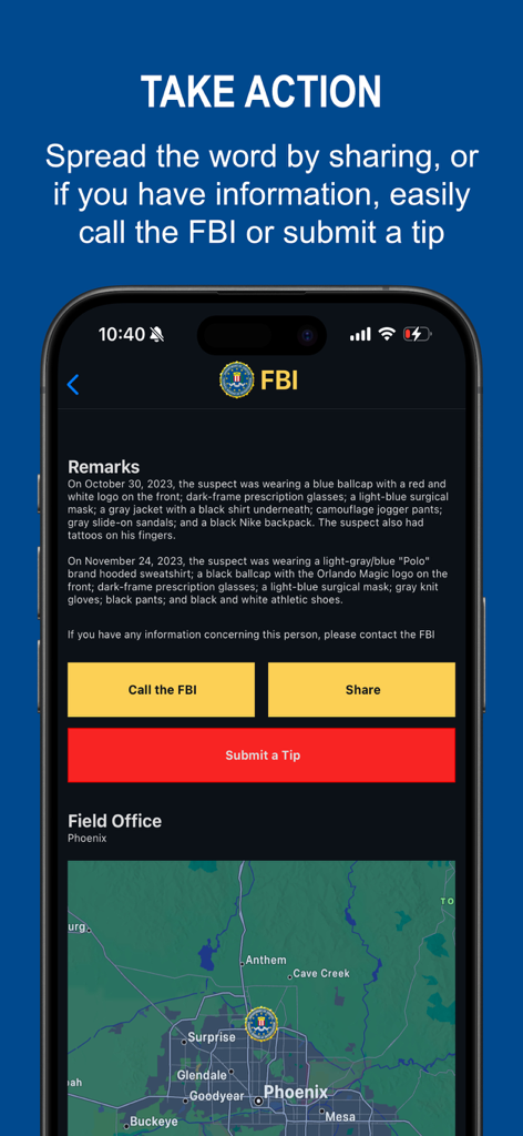 FBI Bank Robbers - Mobile app screen for FBI Bank Robbers featuring suspect descriptions and a red button to submit a tip