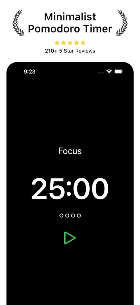 Pomodoro Timer : Study & Work - A minimalist black interface of the Time Tango Pomodoro app showing a 25-minute focus timer with a green play button.