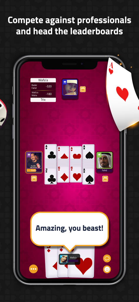 VIP Jalsat | Tarneeb & Trix - Mobile screen showing a competitive Trix card game session with player avatars and scores