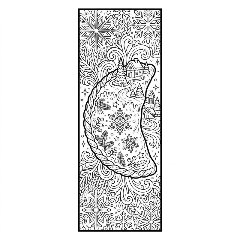 Indulge in a delightful winter scene with this calzone-themed bookmark coloring page. Featuring a cozy village nestled within a savory calzone, surrounded by intricate snowflakes and festive foliage, it's perfect for a relaxing creative break.