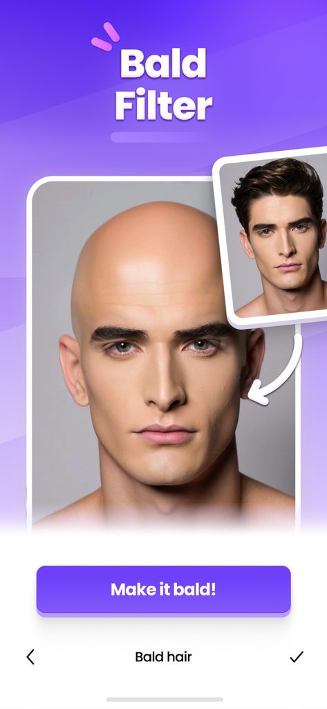 Hair Changer Editor AI Filters - Before and after comparison of a man using the AI bald filter to visualize a shaved head