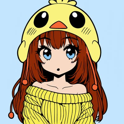 anime girl with chick shaped hat with sweater with bare shoulders with bangs covering them one eye with low tail
