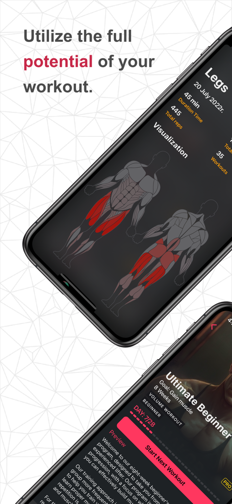 SmartWorkout - Gym Log Tracker - Dos pantallas de teléfono que muestran un resumen de entrenamiento con visualización de mapa de calor muscular y detalles de un programa de entrenamiento de ocho semanas