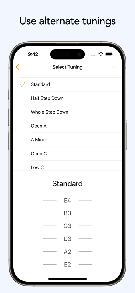 ChordMate 4 - A smartphone screen from the ChordMate 4 app displaying a list of guitar tuning options including Standard, Open A, and Open C with a detailed view of the Standard tuning string notes.