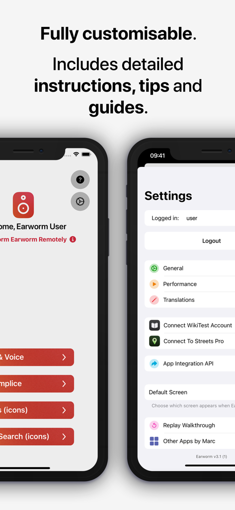 Earworm - Earworm magic app customization and settings screen with performance guides