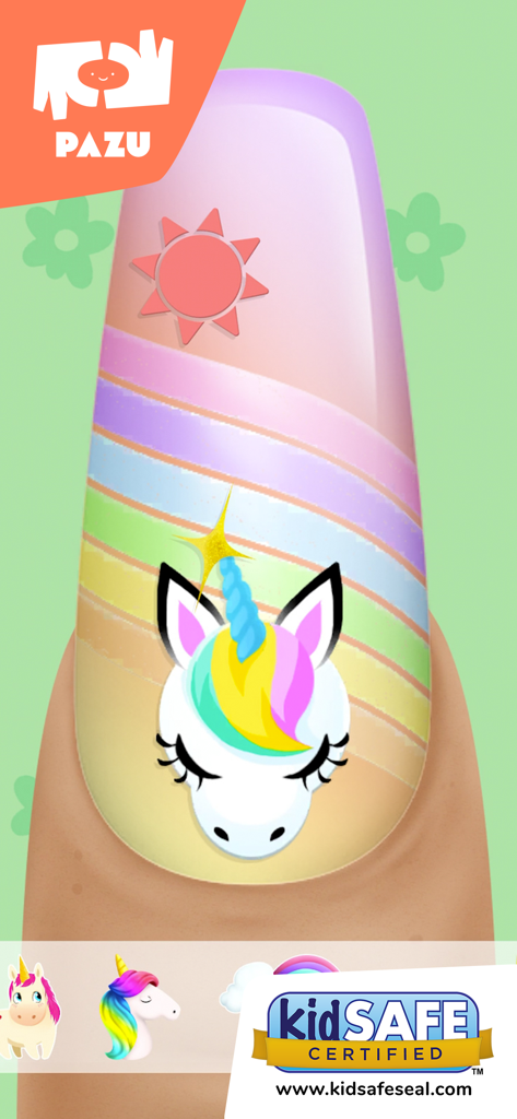 Girls Nail Salon - Kids Games - A decorated fingernail with a unicorn sticker, sun icon, and rainbow striped background in the Girls Nail Salon game.