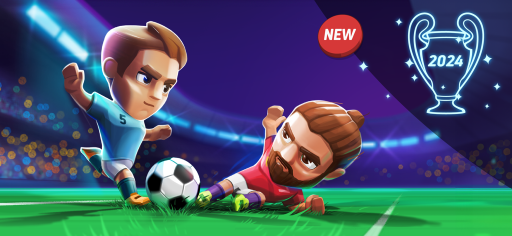 Soccer Mini Stars: Football 24 - Two stylized mini soccer players competing for the ball on a pitch with a 2024 trophy icon