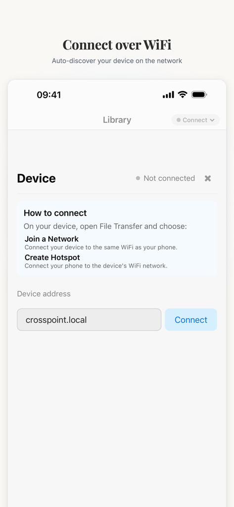 CrossPoint Sync - CrossPoint Sync app screen for connecting to an e-ink device over WiFi with setup instructions