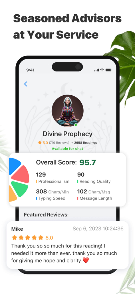 Interface of the Dimood app showing a psychic advisor profile named Divine Prophecy with overall performance scores and a user review.