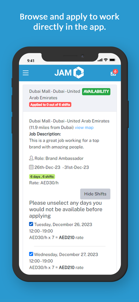 JAM Event Services - JAM Event Services app displaying a Brand Ambassador job listing in Dubai with shift details and rates.