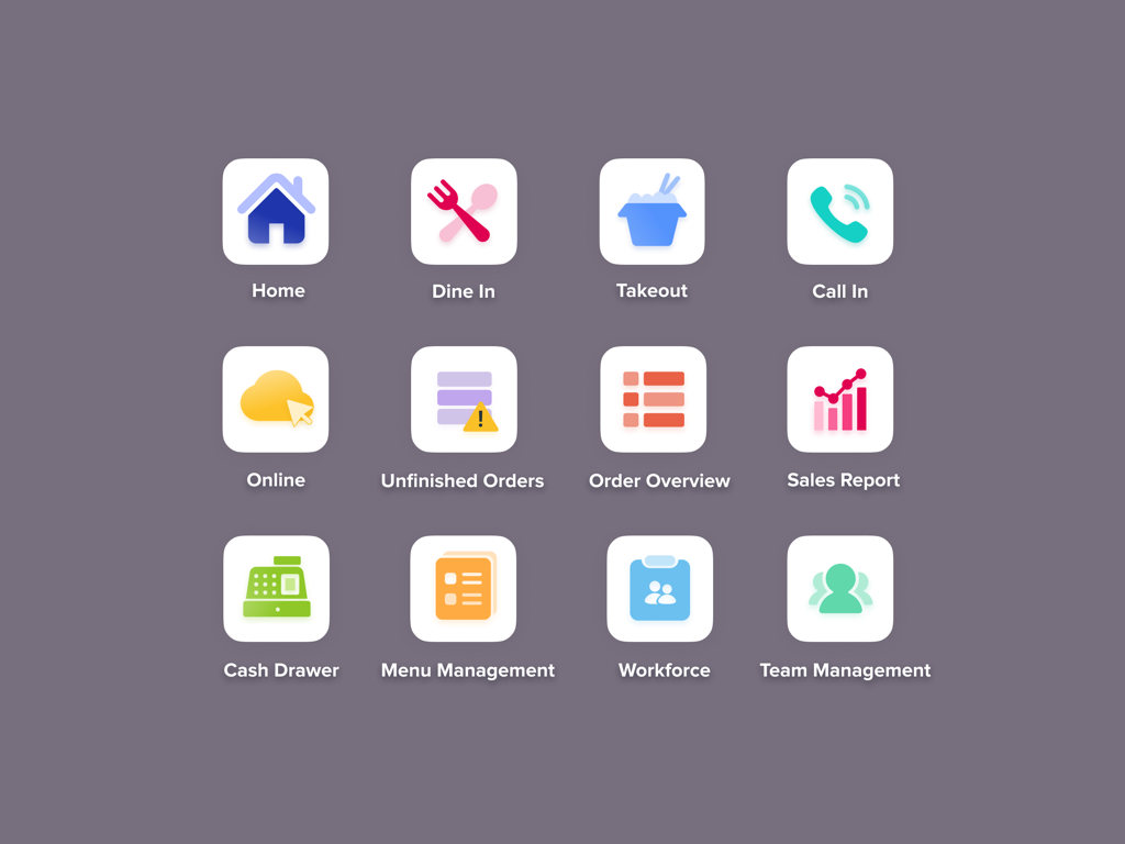 Chowbus POS - Grid of colorful icons for Chowbus POS features including Dine In Takeout Sales Report and Team Management