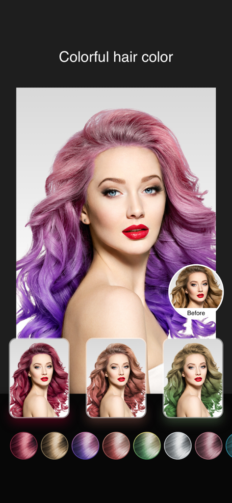 Aha Photo Lab - Interface do aplicativo Aha Photo Lab mostrando transformação de cor de cabelo virtual com filtros coloridos