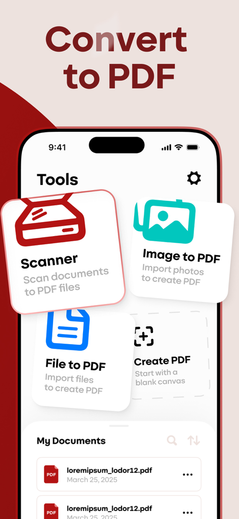 PDF Creator & Document Maker - Interface de l'application PDF Creator montrant les outils de numérisation et de conversion d'images en PDF
