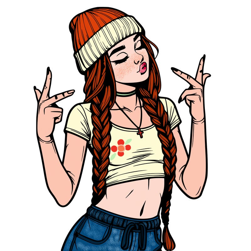 realistic teenage girl with braids and a beanie and crop top doing 🫶🏼