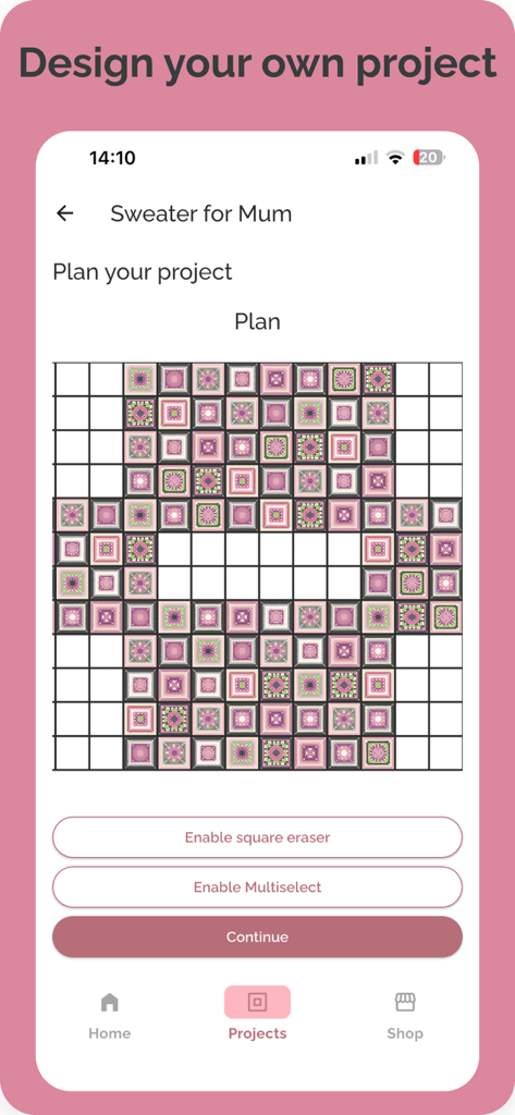 A crochet sweater project plan layout using different colored granny squares in the Granny Square Designer app.