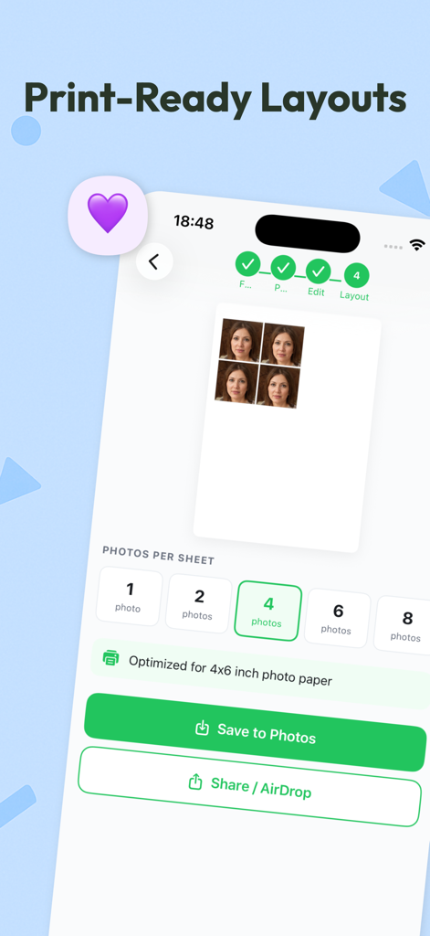 Passport Photo & ID Card - IDG - Interfaccia dell'app Foto Passaporto che mostra layout pronti per la stampa di foto d'identità ufficiali