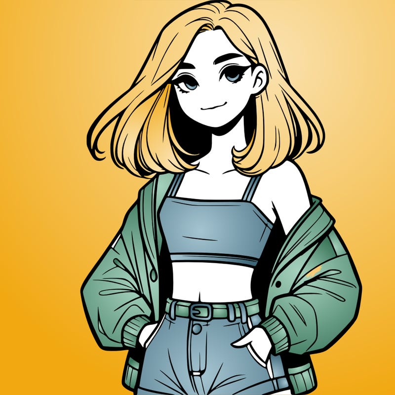 a realistic girl with a crop top and short shorts in an open jacket