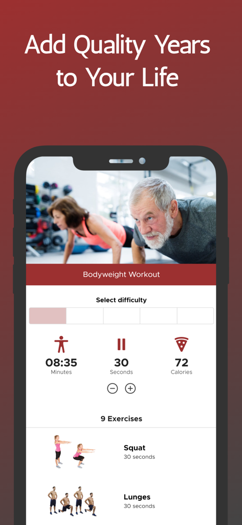 Pantalla de una aplicación móvil que muestra un plan de entrenamiento de peso corporal para personas mayores con ejercicios como sentadillas y zancadas.