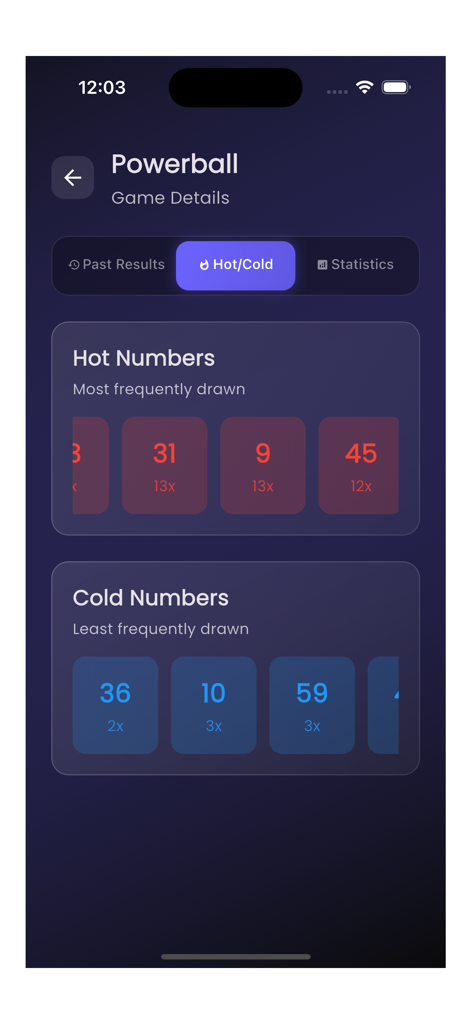 Lotto Result - Una muestra de números calientes y fríos para la lotería Powerball en la aplicación Lotto Result