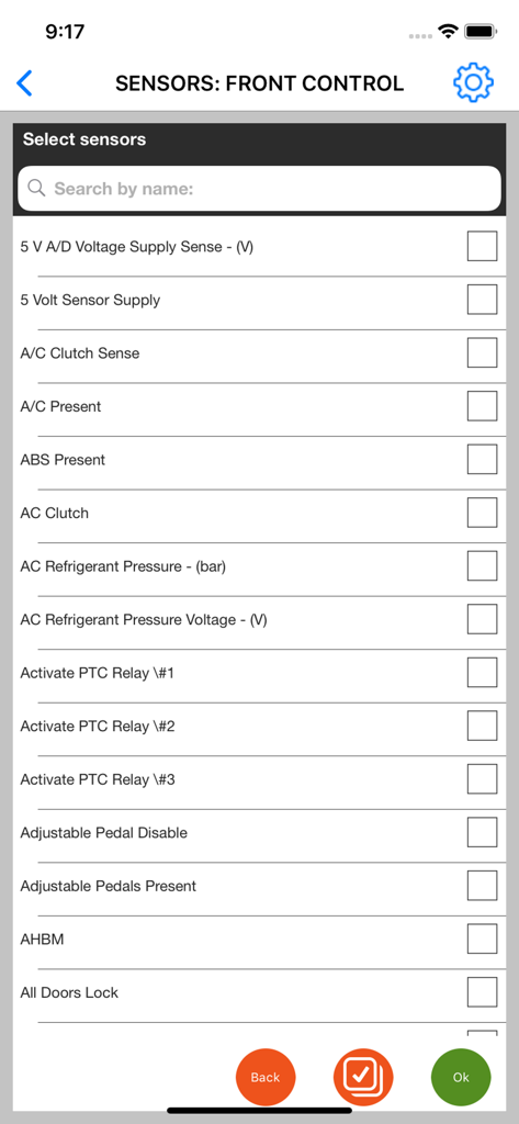A menu in the OBD JScan app showing a list of front control sensors for selection during vehicle diagnostics.
