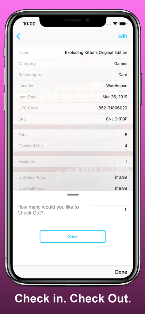 Inventory Now: product tracker - Captura de tela do aplicativo Inventory Now mostrando detalhes do produto para um jogo de cartas e uma interface de checkout em um iPhone