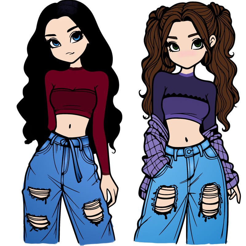 2 girls in crop tops and baggy jeans ripped