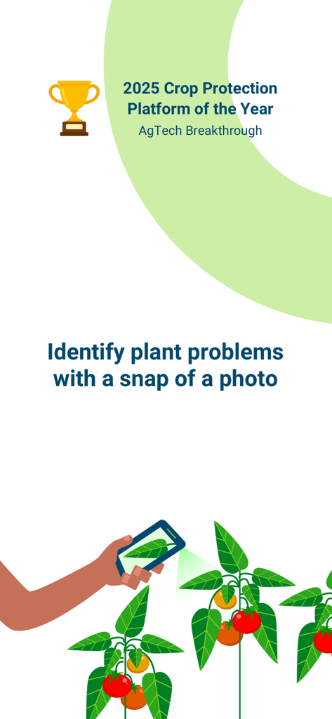 Agrio - Plant diagnosis app - Agrio app awarded 2025 Crop Protection Platform of the Year illustrating plant disease identification via smartphone
