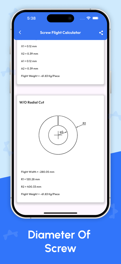 Interfaz móvil de la aplicación Calculadora de Hélice de Tornillo que muestra un diagrama técnico de un patrón plano de hélice de tornillo con medidas de radio