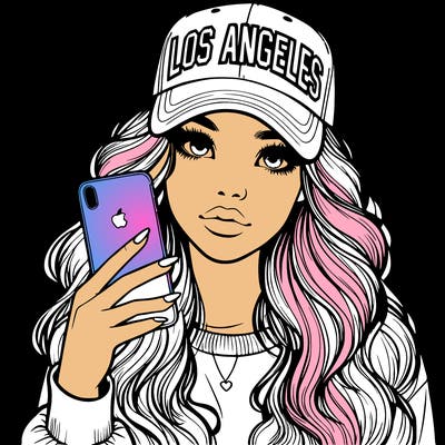 realistic beautiful girl wearing los ángeles cap holding an iphone