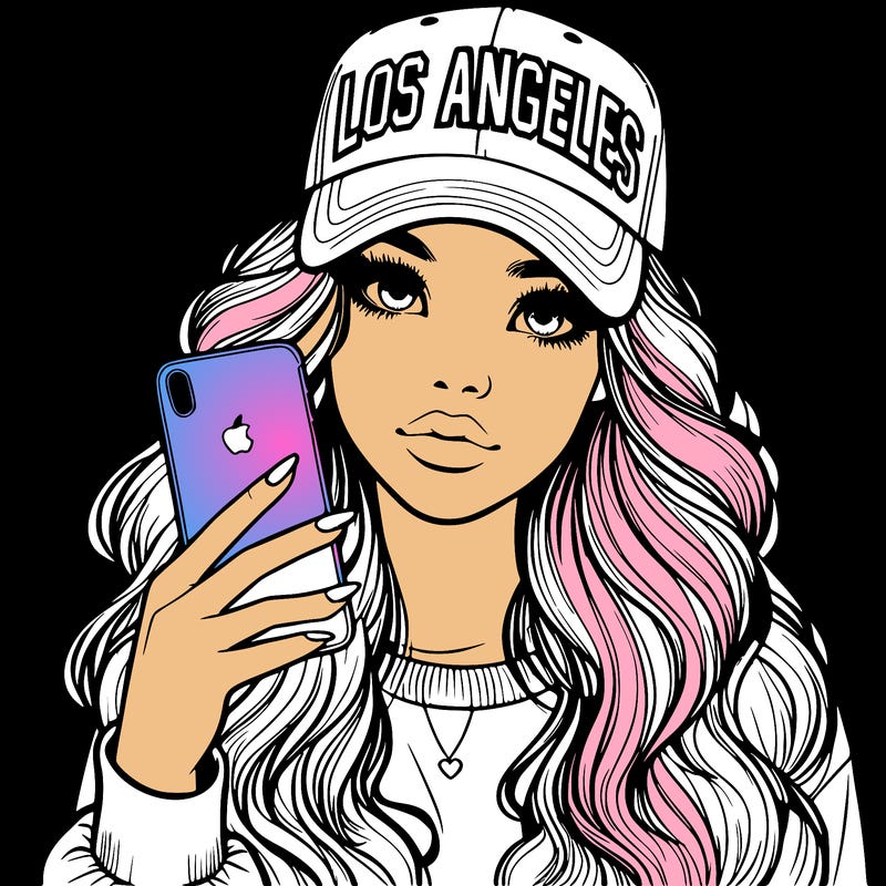 realistic beautiful girl wearing los ángeles cap holding an iphone