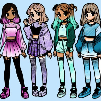 one girl with crop-top shirt and a jacket with a skirt, long socks and another girl with a shirt and pants with a jacket
