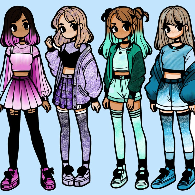 one girl with crop-top shirt and a jacket with a skirt, long socks and another girl with a shirt and pants with a jacket