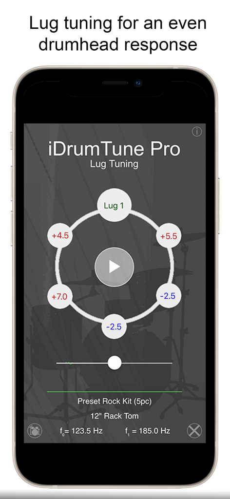 Drum Tuner - iDrumTune Pro - Interface of the iDrumTune Pro app showing the lug tuning feature to balance drumhead response