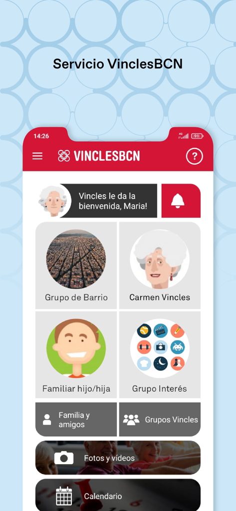 BCN+65 - 시니어들을 위한 사회 그룹 및 연락 옵션을 보여주는 BCN plus 65 앱의 VinclesBCN 서비스 인터페이스.