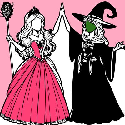 detailed realistic split of a princess and a witch