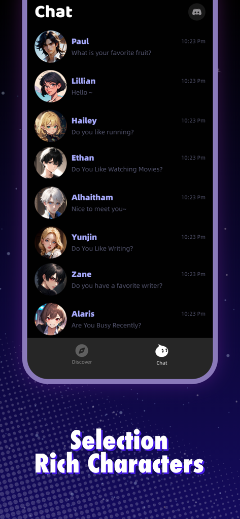 Character.Me: AI & Video Chat - A list of diverse AI characters available for chat in the Character.Me app interface.