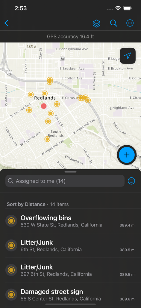 ArcGIS Field Maps - ArcGIS Field Maps mobile screen showing a map with data points and a list of assigned field tasks such as overflowing bins and damaged signs
