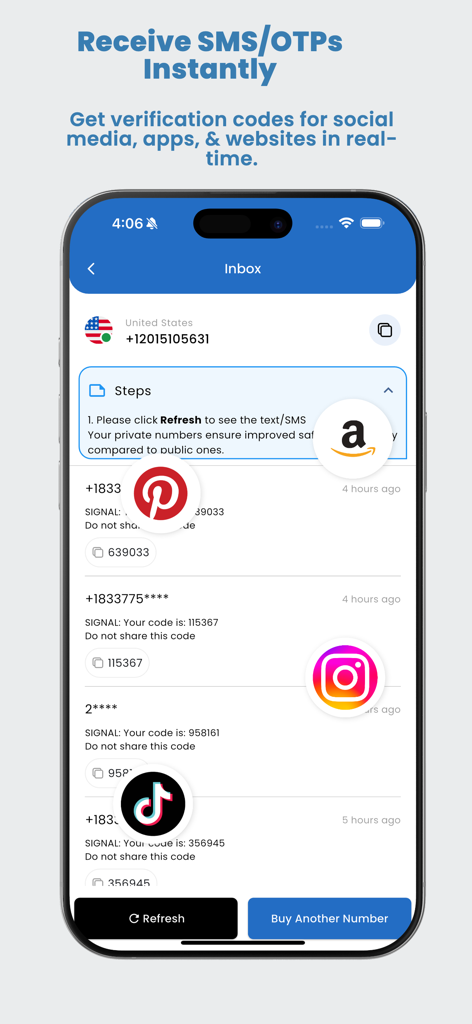 FreePhone.io: Temporary Number - Interfaz de la bandeja de entrada de la aplicación FreePhone.io mostrando códigos de verificación SMS entrantes para redes sociales y aplicaciones de compras