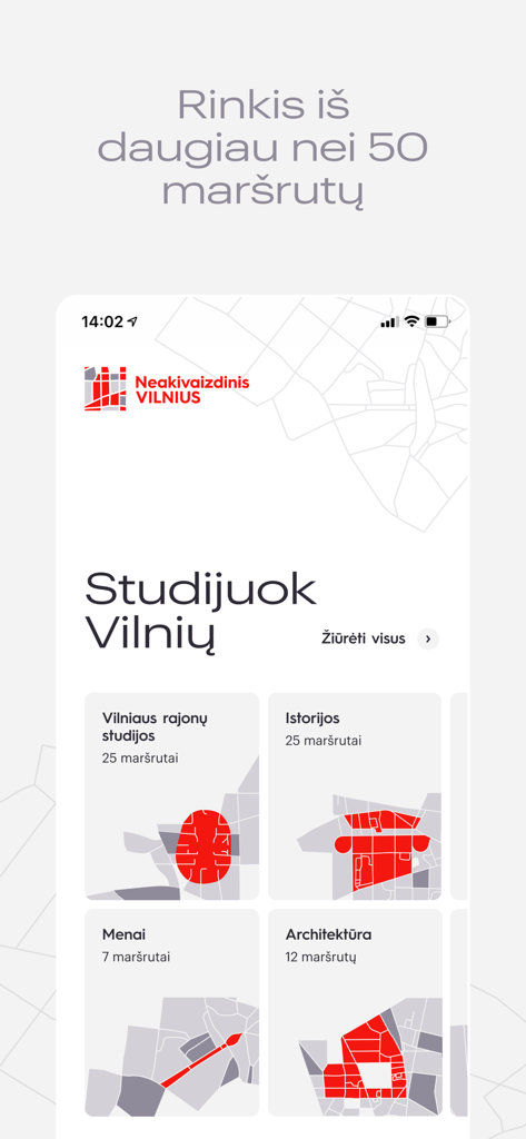 Mobile app interface of Neakivaizdinis Vilnius showing tour categories for history architecture and arts