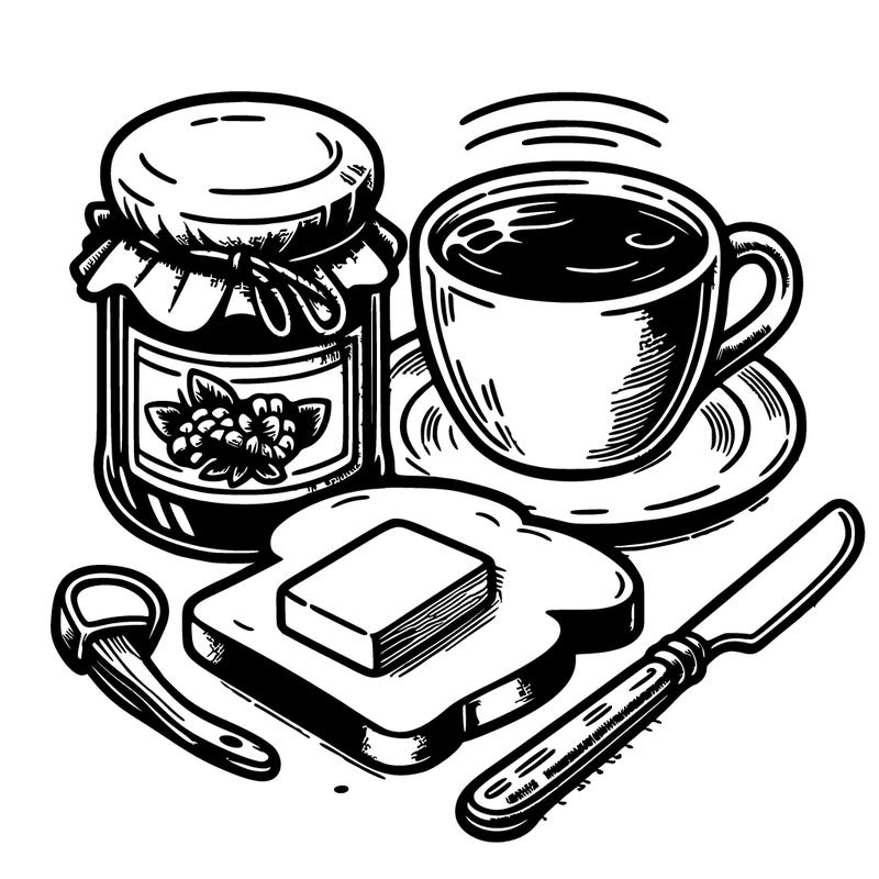 a jar of jam and a piece of bread with butter and a knife. a cup of tea
