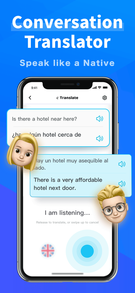 スマートフォンで英語とスペイン語の会話を示すリアルタイム音声翻訳インターフェース