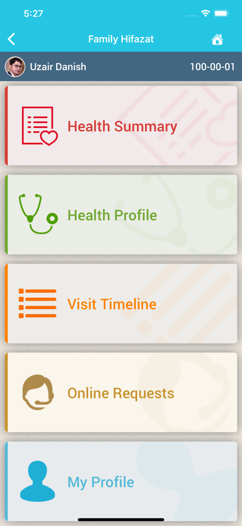 Family Hifazat - Main dashboard of the Family Hifazat app featuring medical record options like Health Summary and Visit Timeline.