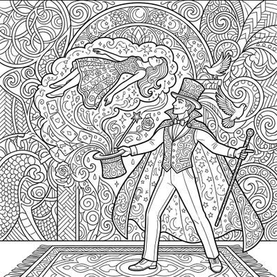 Step into a world of wonder with this captivating coloring page featuring a masterful illusionist performing his grandest trick. Perfect for adults, this intricate design offers hours of relaxing and creative artistry.
